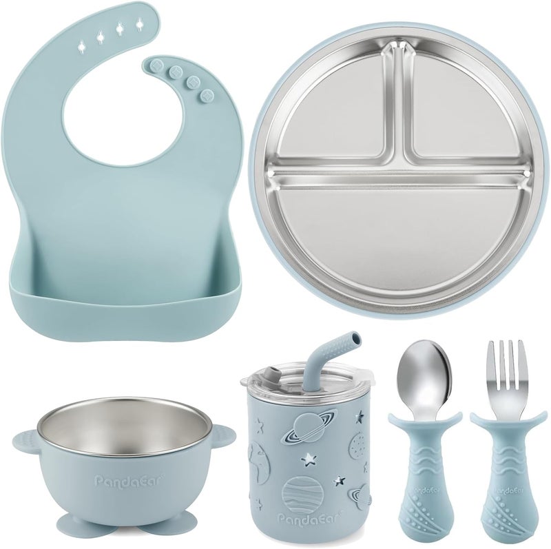 PandaEar 6-in-1 Stainless Steel Baby Feeding Set | Divided Suction Plate, Bowl, Sippy Cup with Straw, Bib, Spoon & Fork | BPA-Free Toddler Feeding Essentials for Self-Feeding (Blue) - Image 1
